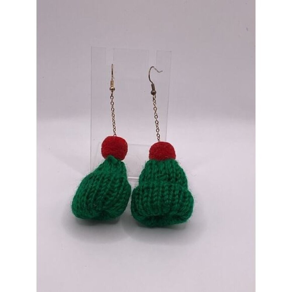 Green & Red Knit Beanie Christmas Earrings Festive Jewelry